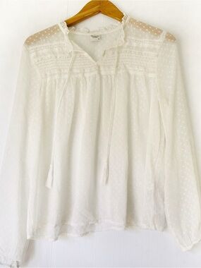 Jaqueline de Yong White Swiss-Dot Peasant Blouse with Smocked Yoke & Tassel Tie